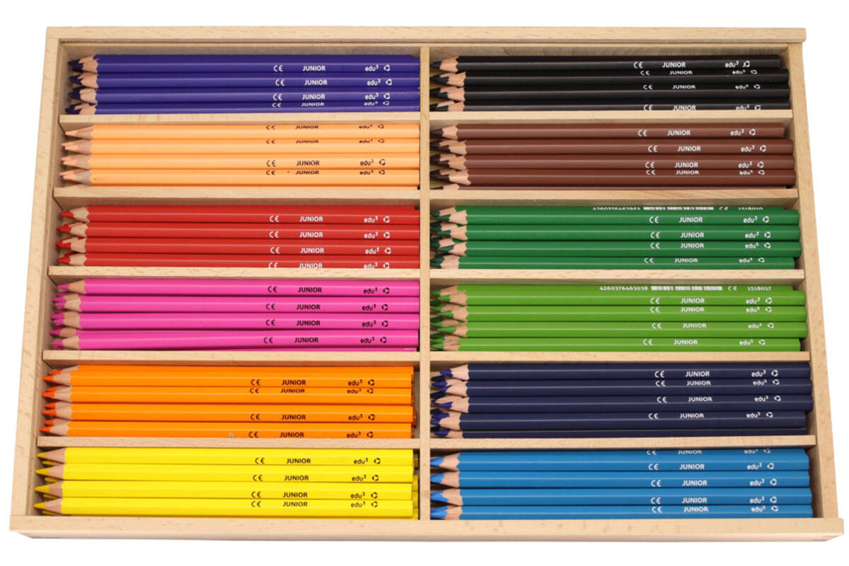 Kleurpotloden edu³ Junior 7,6 mm assorti, 144 stuks in houten kist