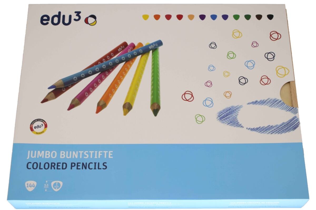 Kleurpotloden edu³ Jumbo 9,6 mm driekantig assorti, 144 stuks in houten kist