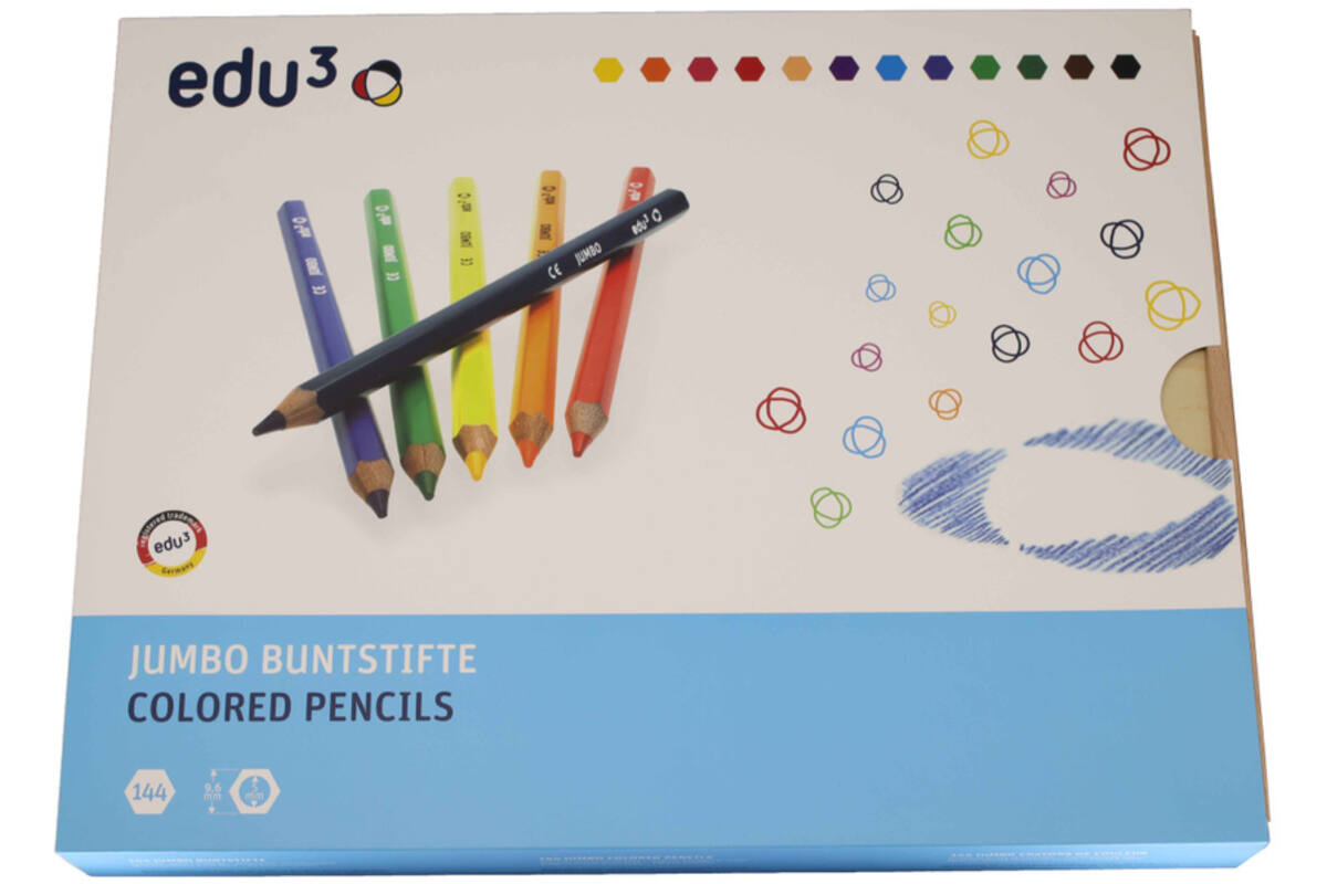 Kleurpotloden edu³ Jumbo 9,6 mm assorti, 144 stuks in houten kist