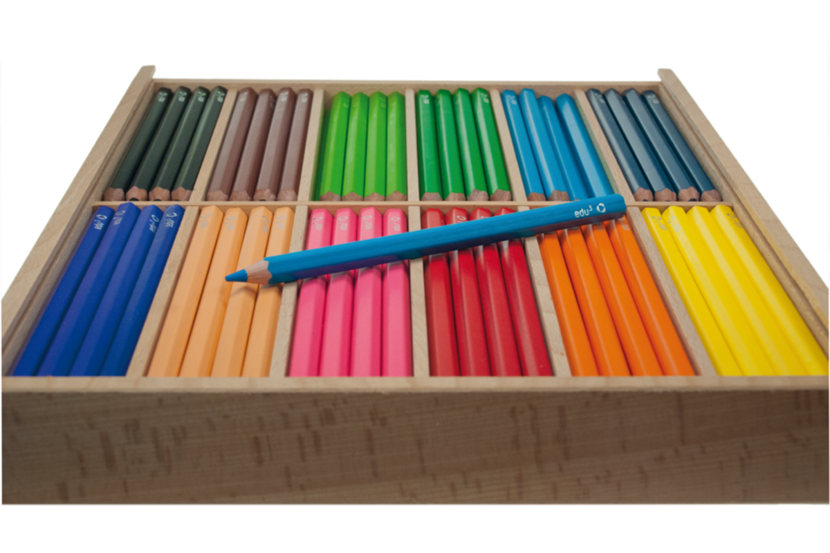 Kleurpotloden edu³ Jumbo 9,6 mm assorti, 144 stuks in houten kist