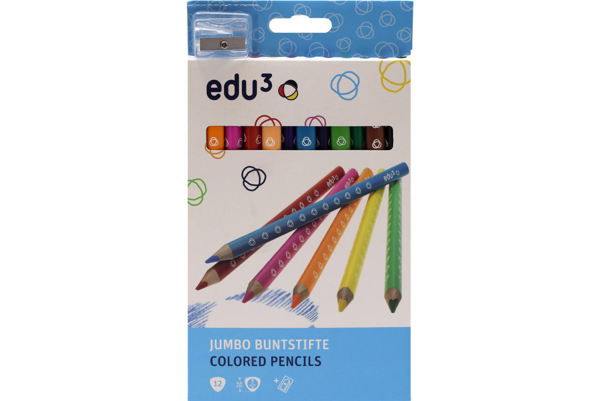 Kleurpotloden edu³ Jumbo 9,6 mm driekantig assorti, 12 stuks met slijper