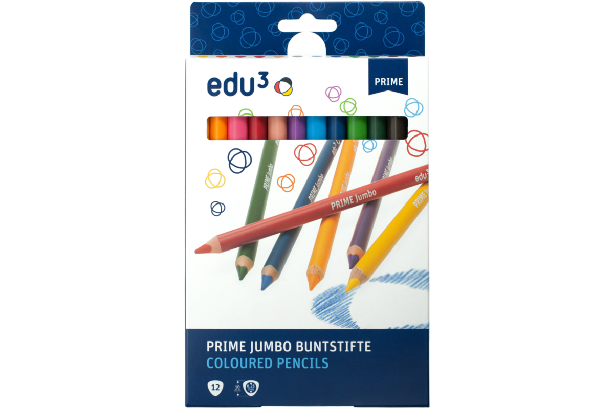 Kleurpotloden edu³ Prime Jumbo 10 mm driekantig assorti, 12 stuks