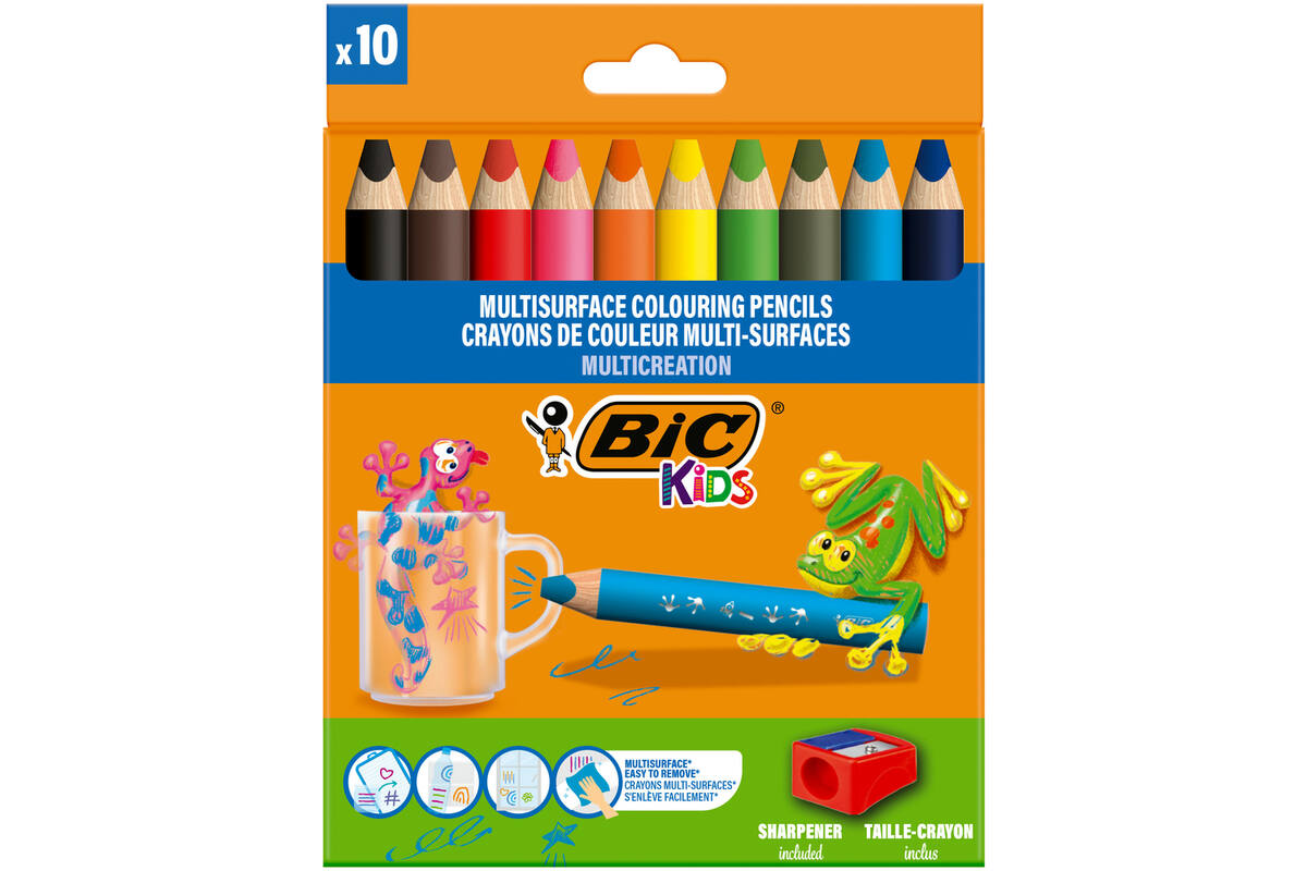 Kleurpotloden BIC Multi surface 3-in-1 assorti, 10 stuks incl. slijper