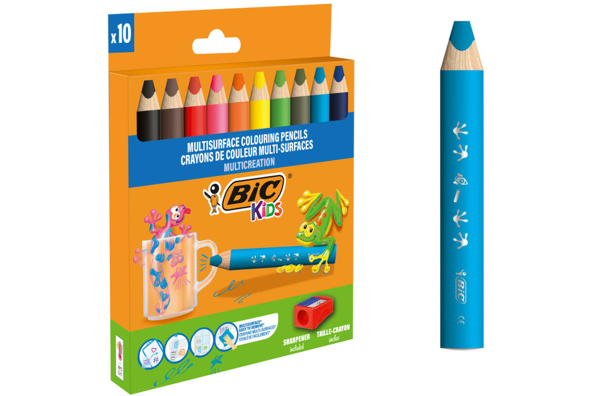 Kleurpotloden BIC Multi surface 3-in-1 assorti, 10 stuks incl. slijper