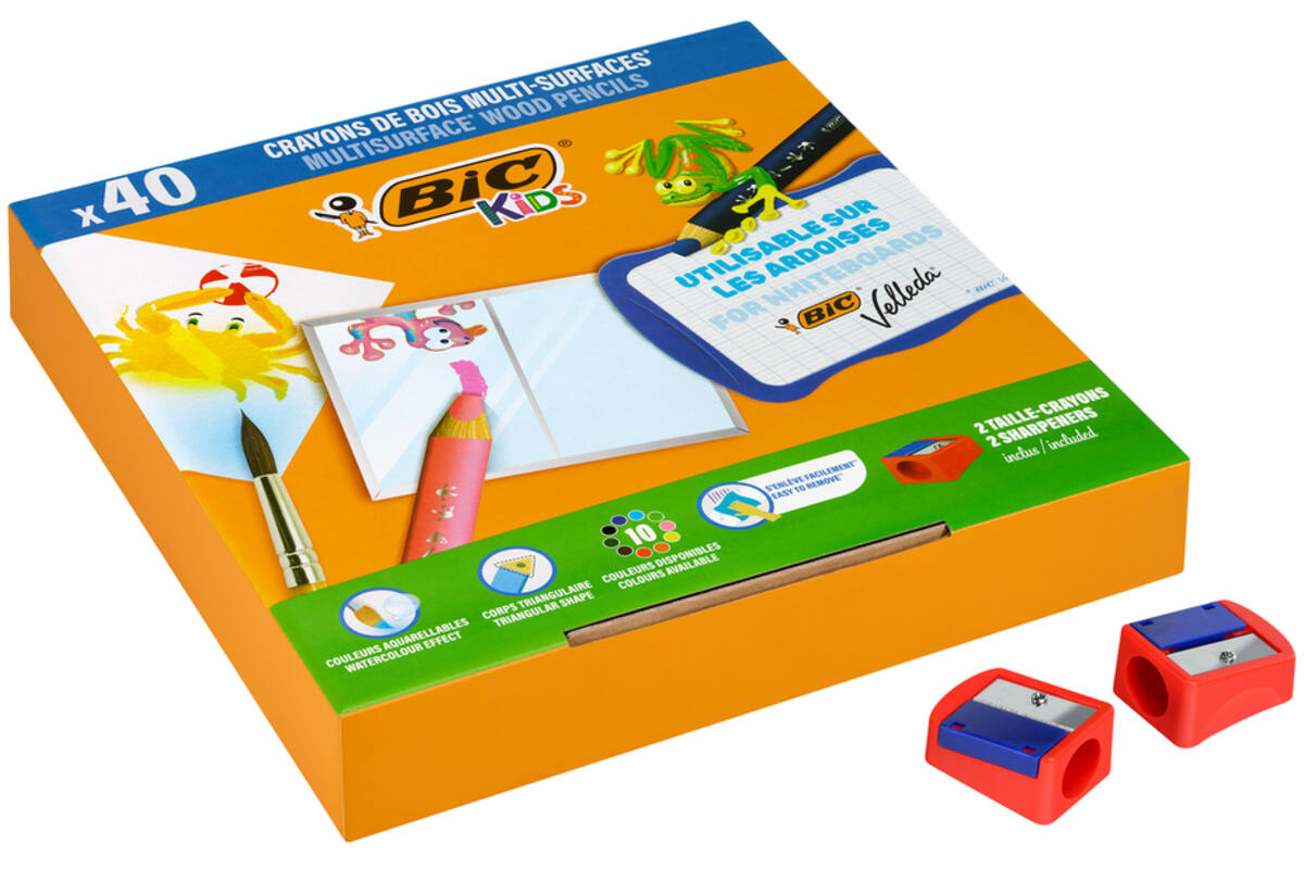 Kleurpotloden BIC Multi surface 3-in-1 assorti, 40 stuks incl. slijpers