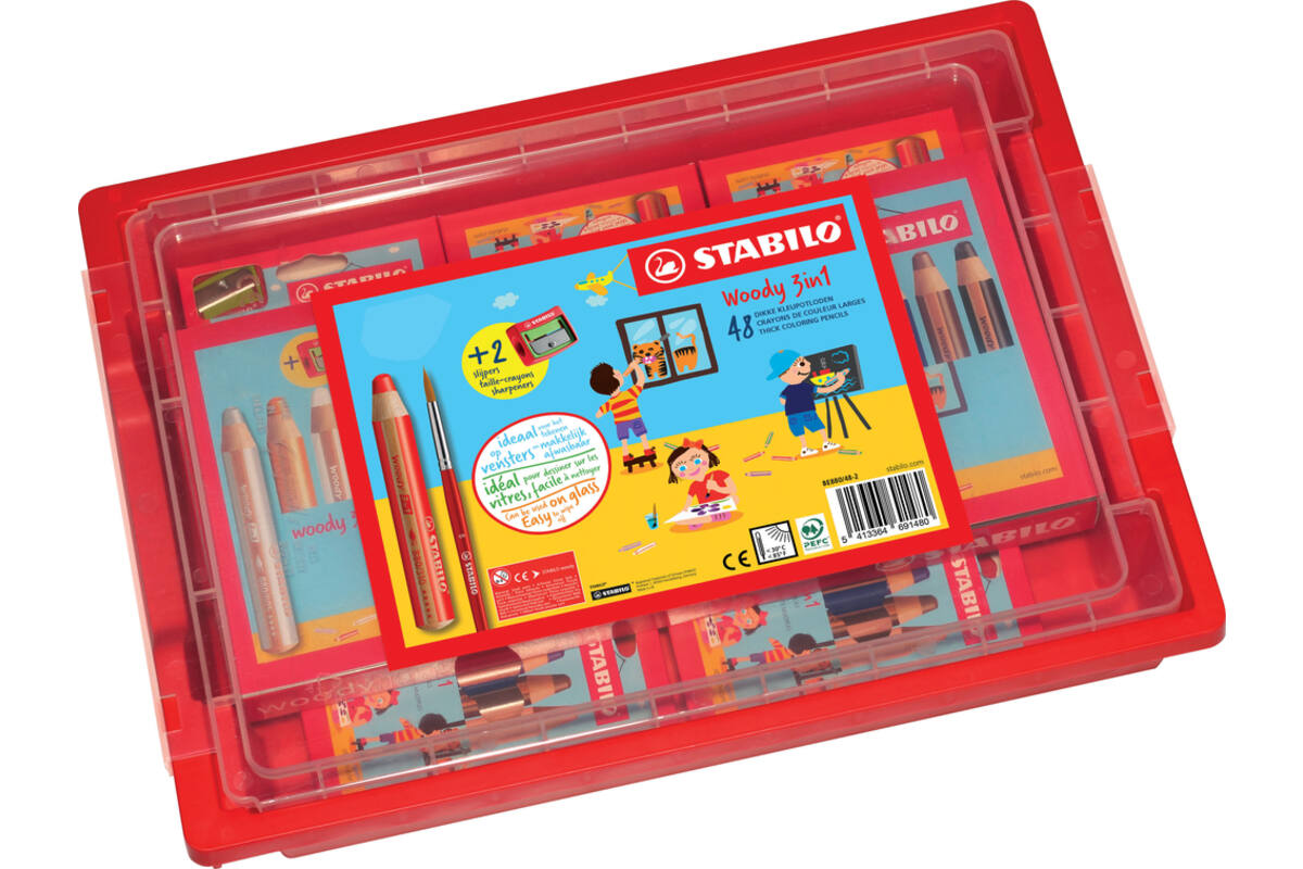 Waskrijt aquarel STABILO Woody 3-in-1 assorti classpack, 48 stuks incl. slijpers