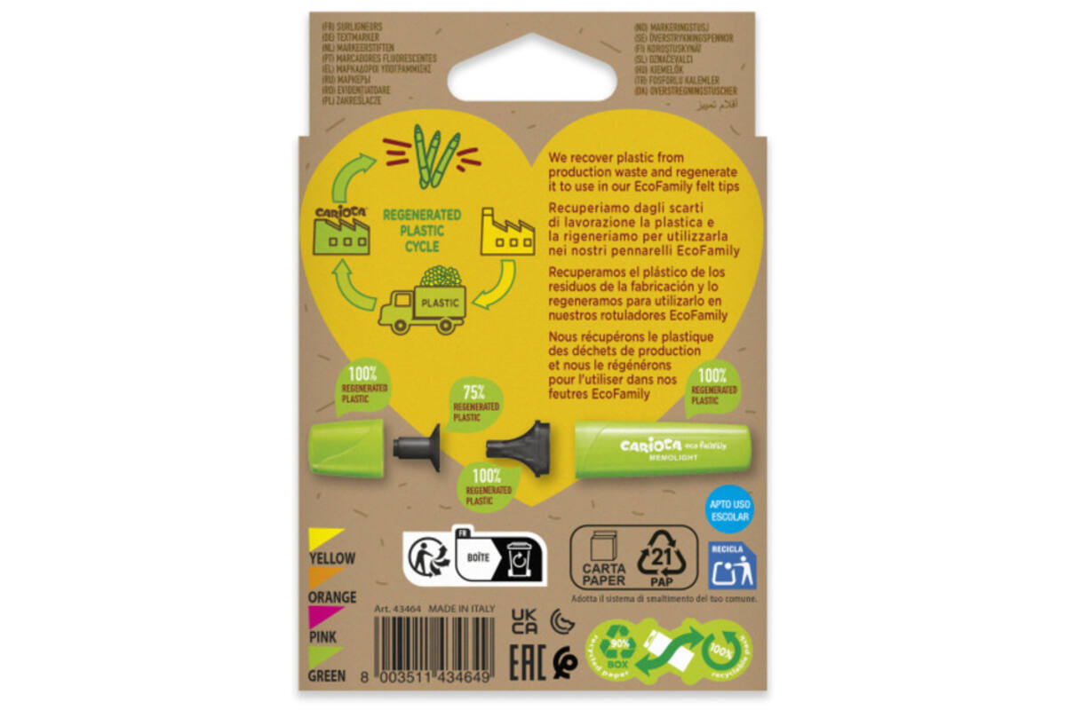 Markeerstift Carioca EcoFamily Memolight assorti, 4 stuks