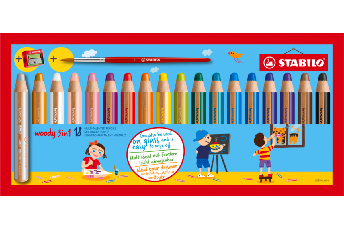 Waskrijt aquarel STABILO Woody 3-in-1 assorti met slijper, 18 stuks