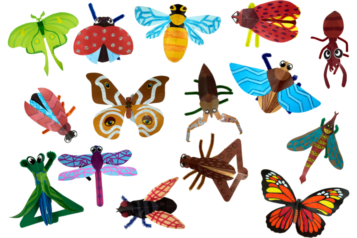 Insecten gestanst, in diverse uitvoeringen, 64 stuks