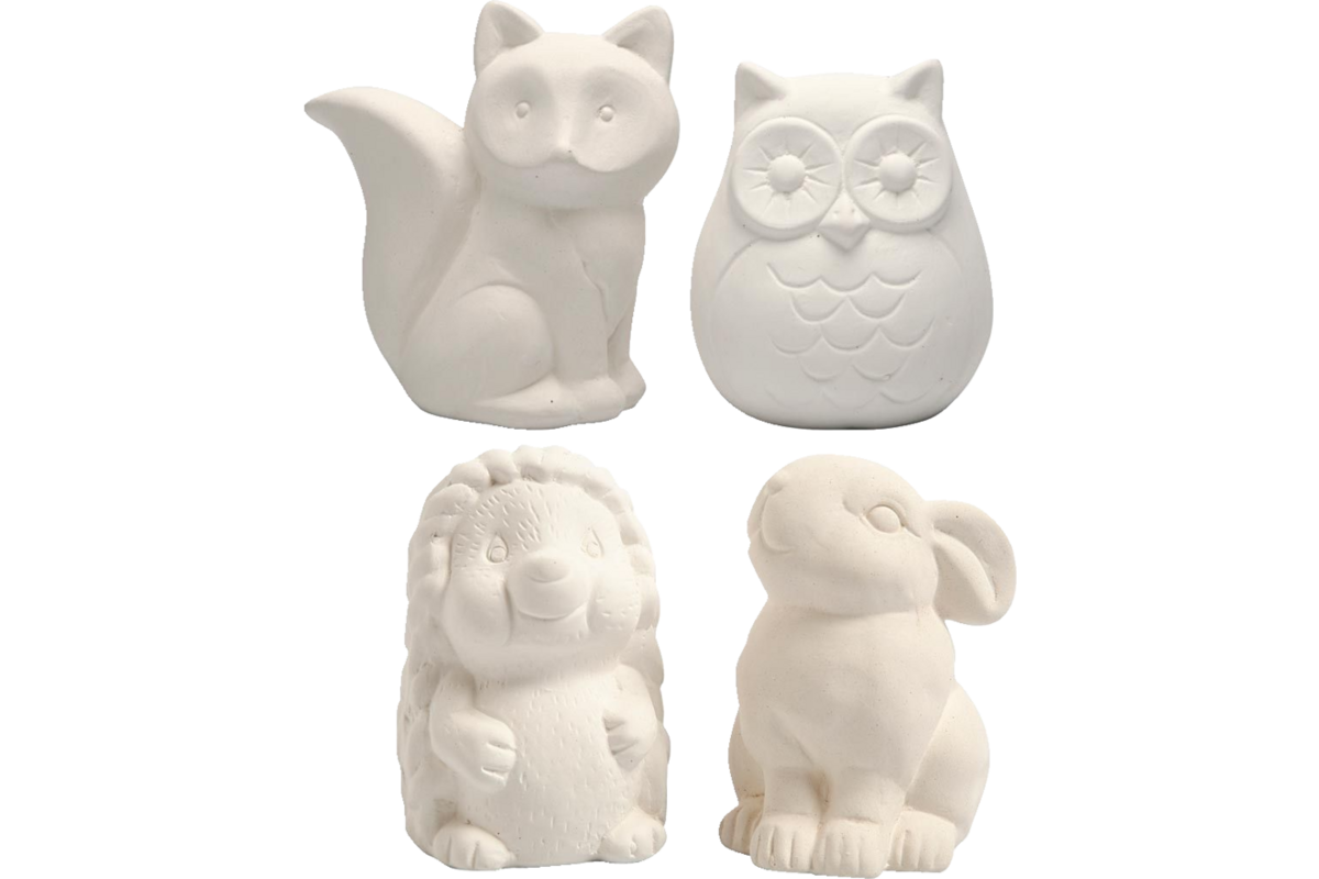 Dieren spaarpotten, uil, vos, egel, haas, 9-10 cm wit, 4 stuks