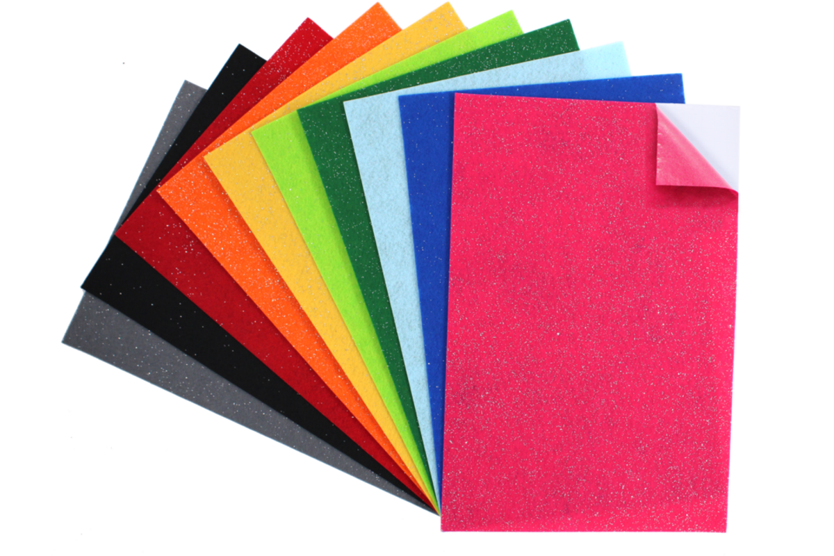Vilt bio-glitter met plaklaag assorti 20 x 30 cm, 10 stuks