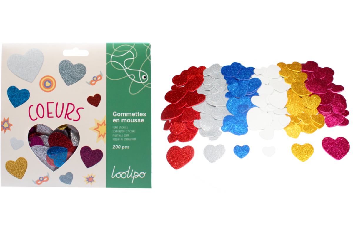 Foamstickers glitter hartjes assorti, 200 stuks