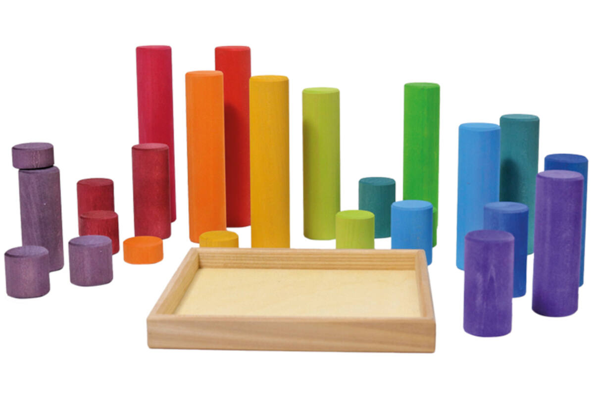 Grimm's - bouwblokken cilinders - regenboogkleuren - hout - set van 25