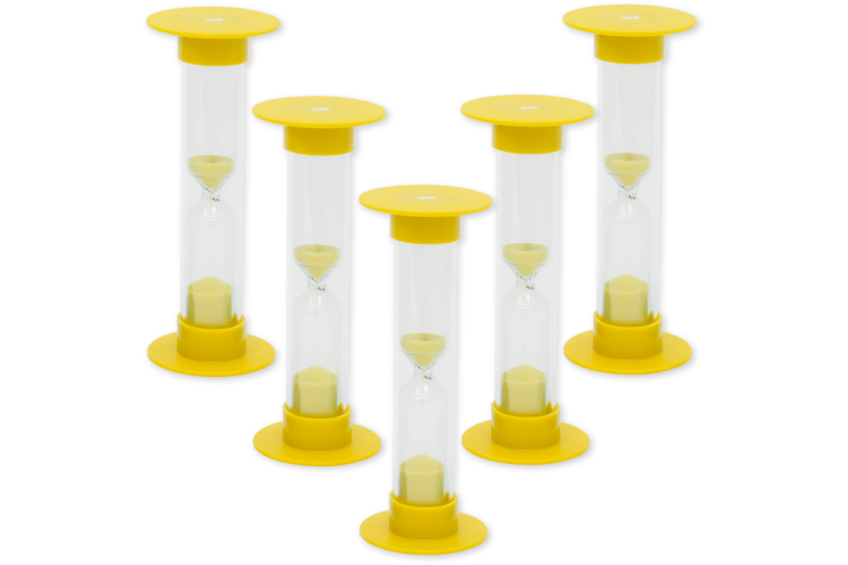 Zandloperset 5 stuks, geel, 3 minuten