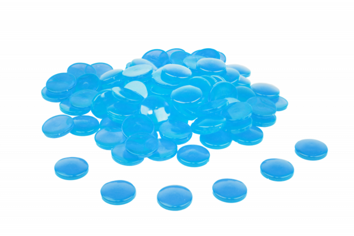 Transparante stenen ø 20 mm blauw, set van 100 stuks, in kartonnen doosje