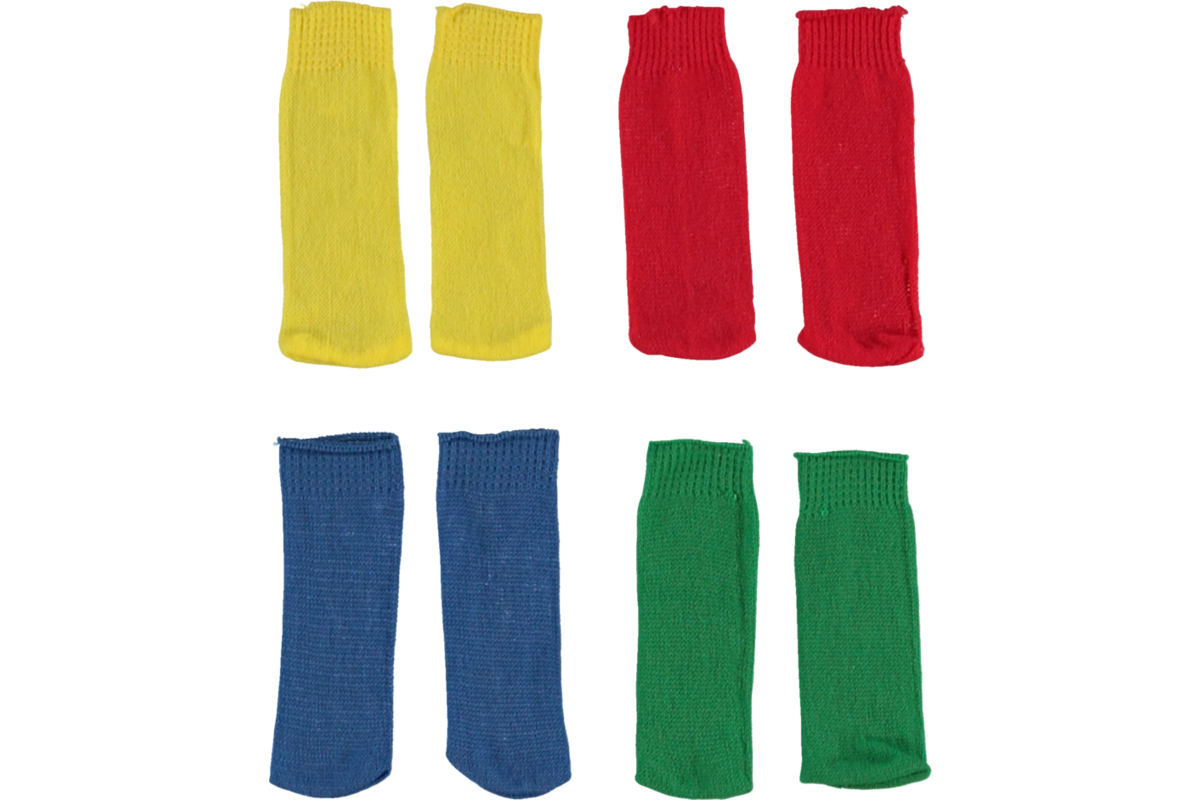 Poppensokjes, 4 paar (blauw, rood, groen en geel)