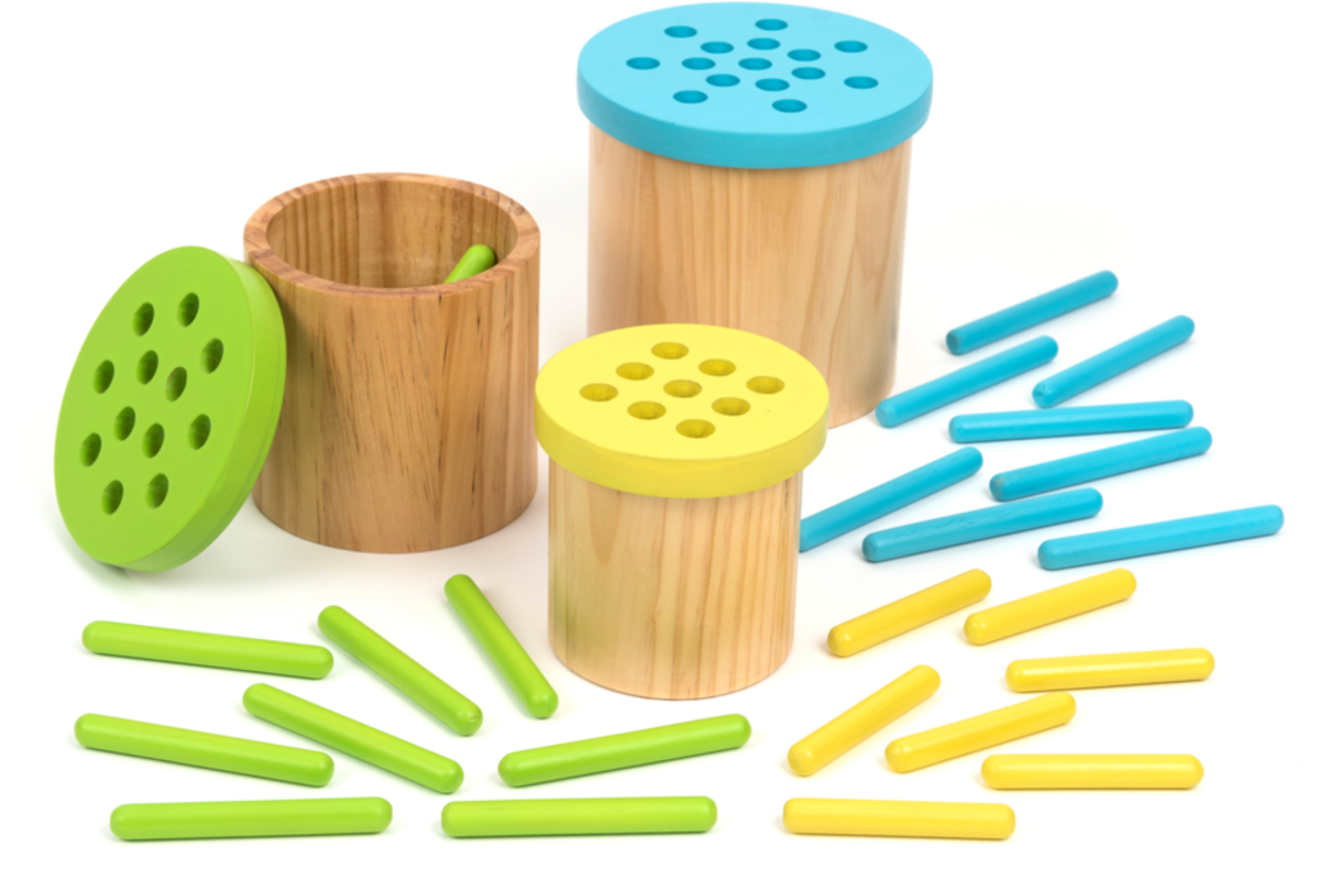 Kleur en sorteelspel met 3 houten bakken, staafjes