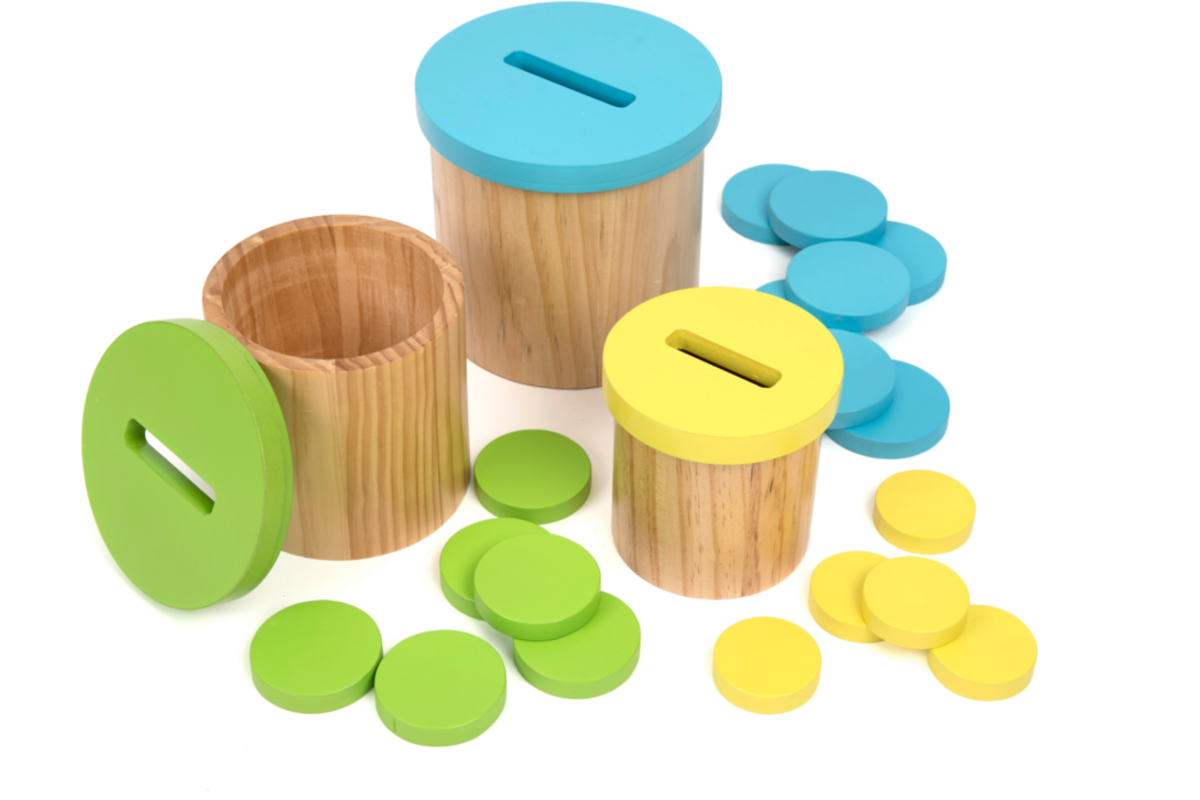 Kleur en sorteelspel met 3 houten bakken, schijven