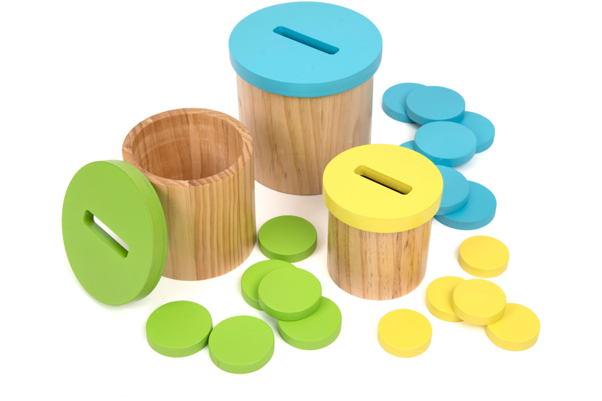 Kleur en sorteelspel met 3 houten bakken, schijven
