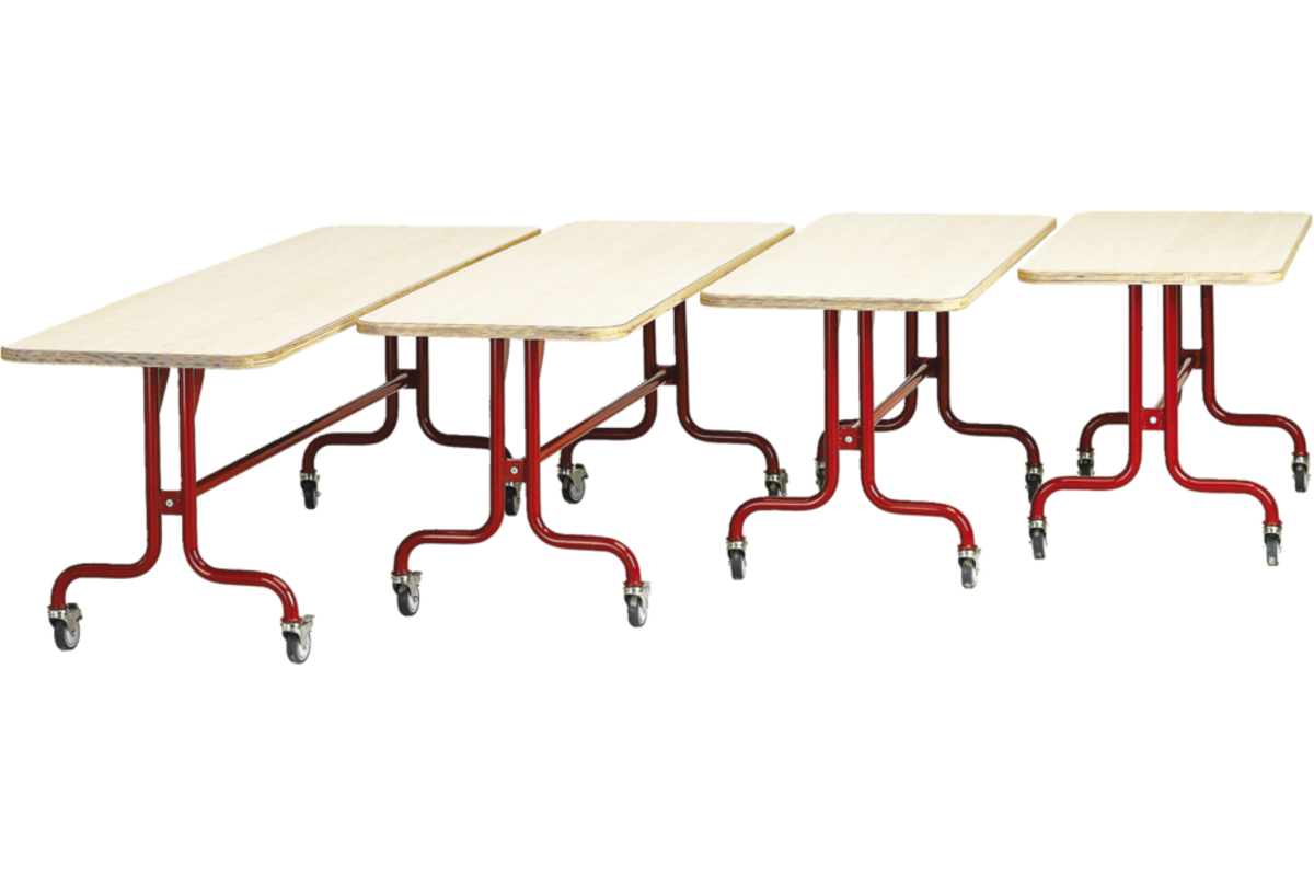 Tafel 210 x 60 cm, rood onderstel  blad met berkenstructuur hoogte 71 cm