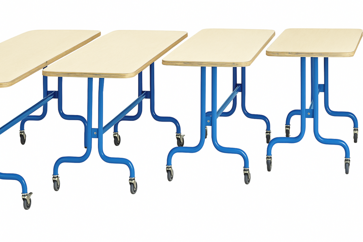 Tafel 150 x 60 cm, blauw onderstel blad met berkenstructuur hoogte 71 cm