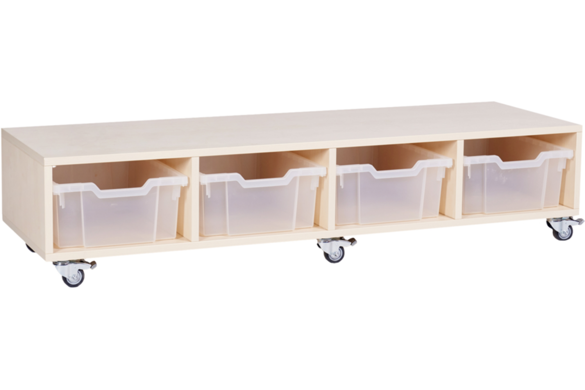 Peuterbank recht 138 x 43 x 30 cm incl wielen, 4 lades 15 cm hoog, ahorn