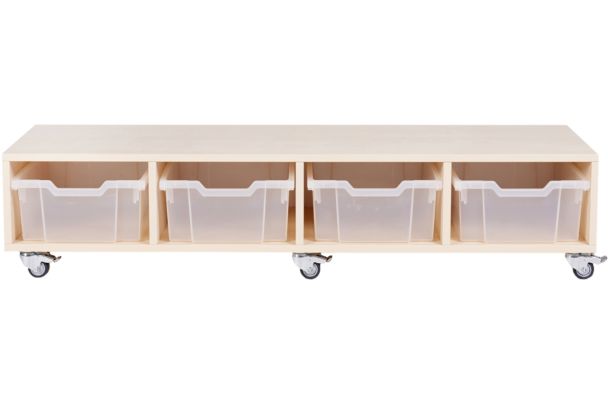 Peuterbank recht 138 x 43 x 30 cm incl wielen, 4 lades 15 cm hoog, ahorn