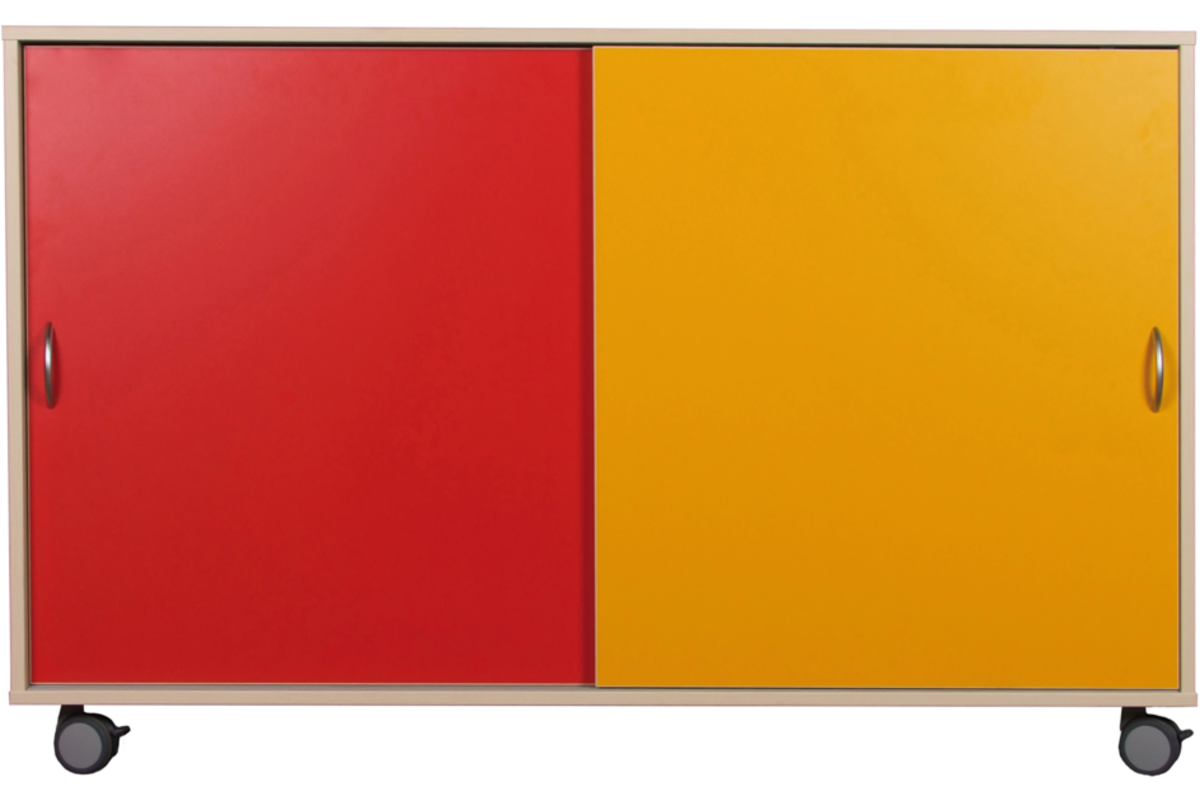 Materiaalkast Flex 4, 4 legplanken gekleurde schuifdeuren en wielen, Ahorn