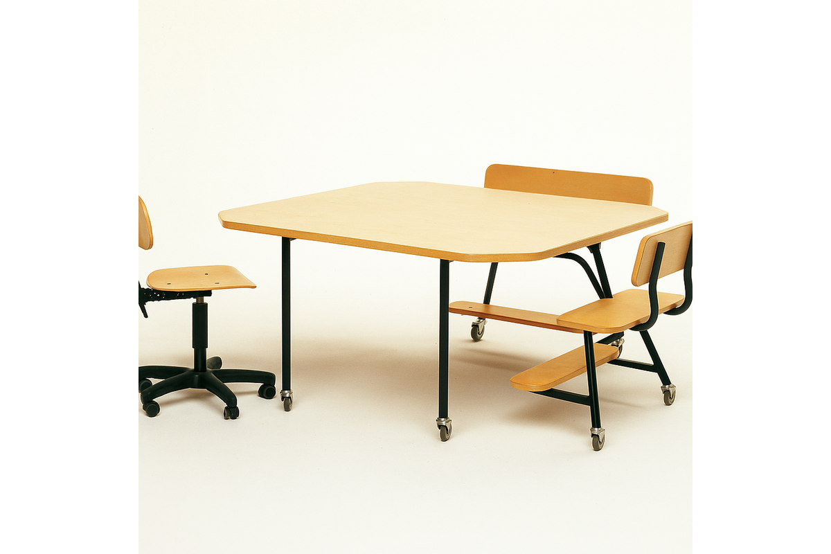 Peuterinstructietafel met 2 banken, zwart onderstel en berkenstructuur blad