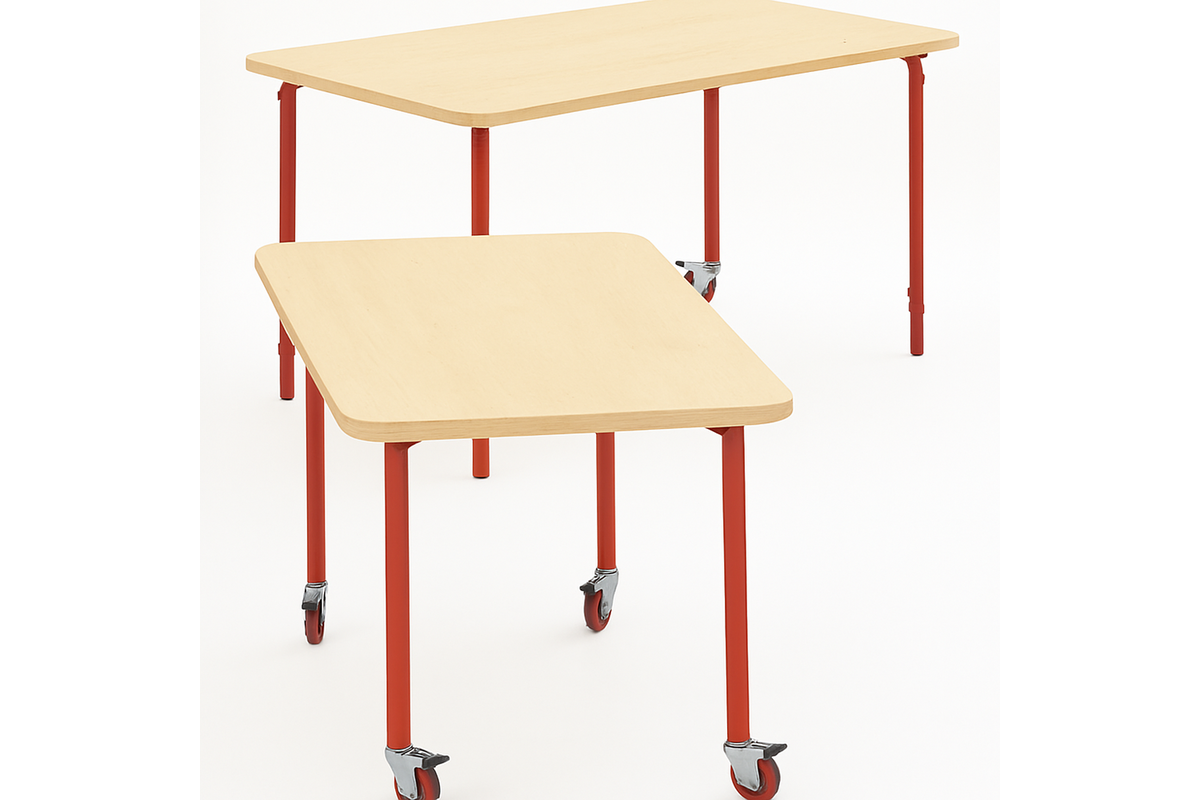 Tafel 132 x 66cm, rood onderstel blad met berkenstructuur