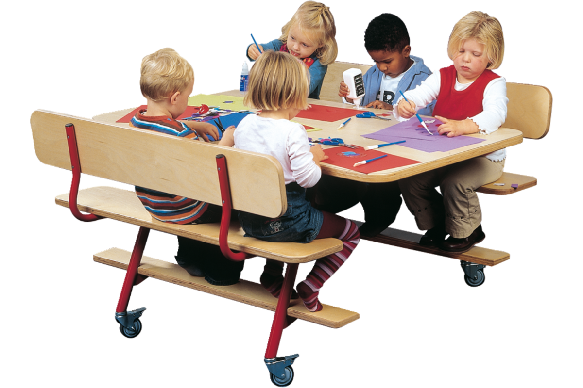 Tafel 132 x 80 cm met 2 banken, rood onderstel en berkenstructuur blad