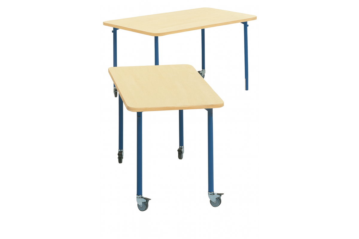 Tafel 132 x 80cm, blauw onderstel blad met berkenstructuur