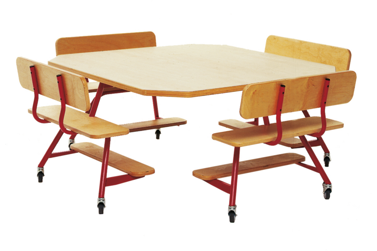 Peuterinstructietafel met 4 banken, rood onderstel en berkenstructuur blad
