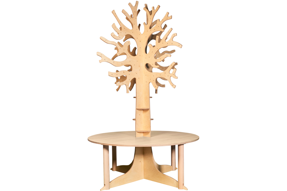 Tafelboom 240cm (h), ronde tafel 150cm, F6 (76cm) HPL blad wit eiken