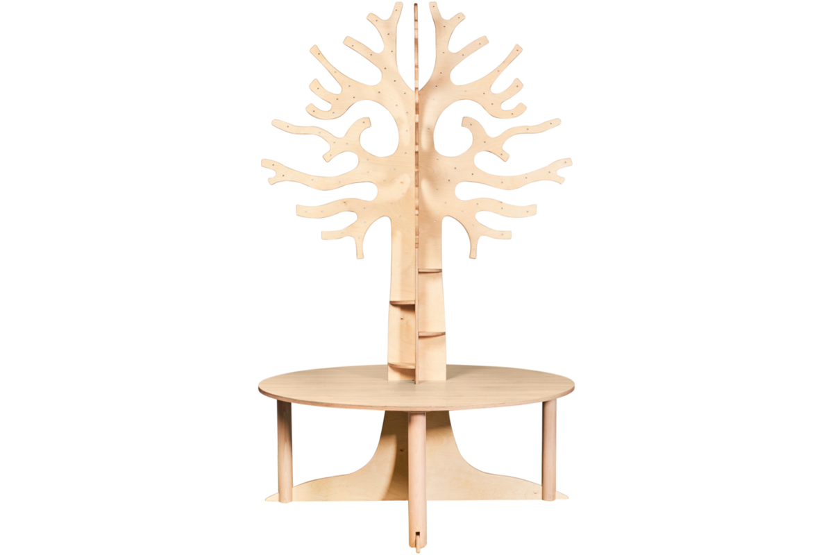 Tafelboom 240cm (h), ronde tafel 150cm, C3 (59cm) HPL blad wit eiken