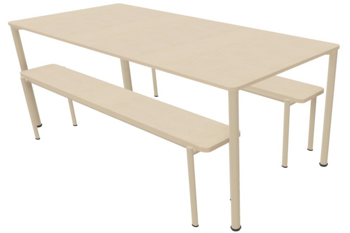 Tafel 200x90cm 76 h,incl.wielen berken blad, poten rond NCS S1510-Y30R