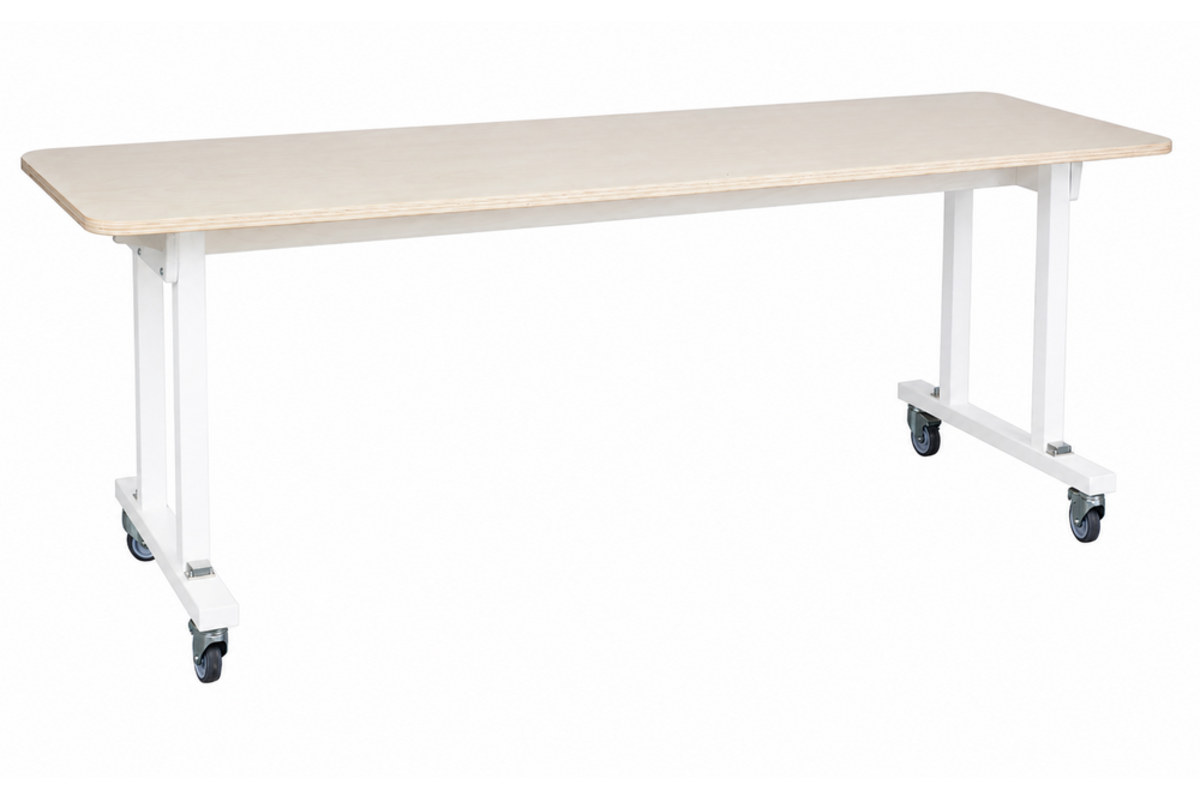 Tafel Flex 210 x 80 cm hpl ahorn blad, rechte poten wit gebeitst