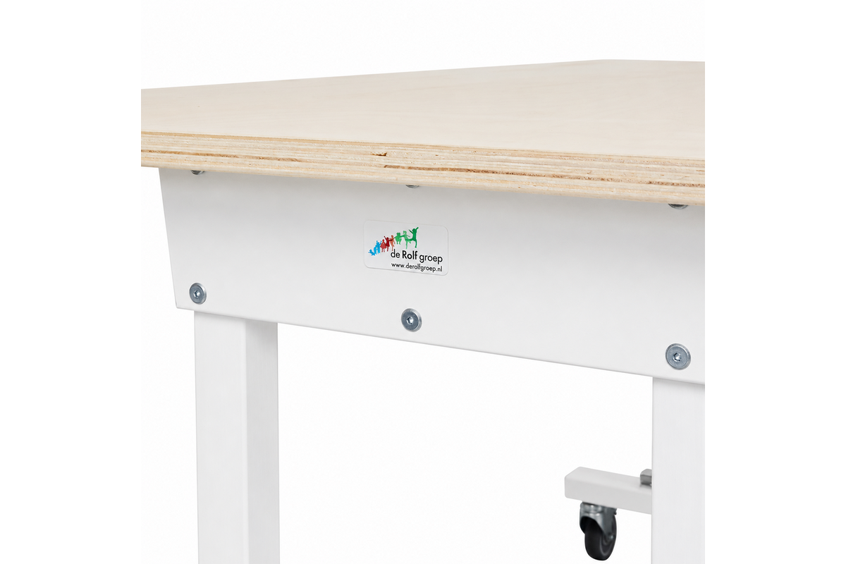 Tafel Flex 210 x 80 cm hpl ahorn blad, rechte poten wit gebeitst