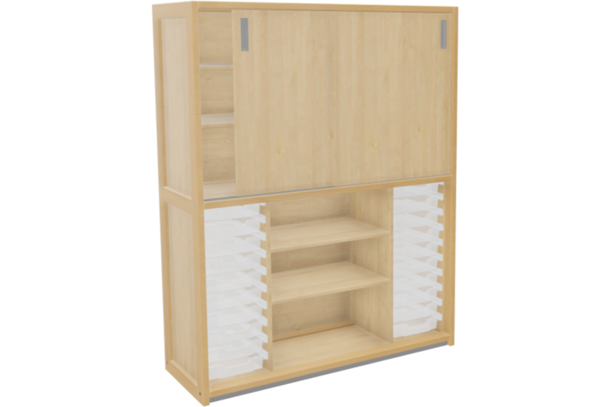 Kast 640 serie Ahorn., boven 4 leg- pl.+deuren,onder 20 laden en legpl