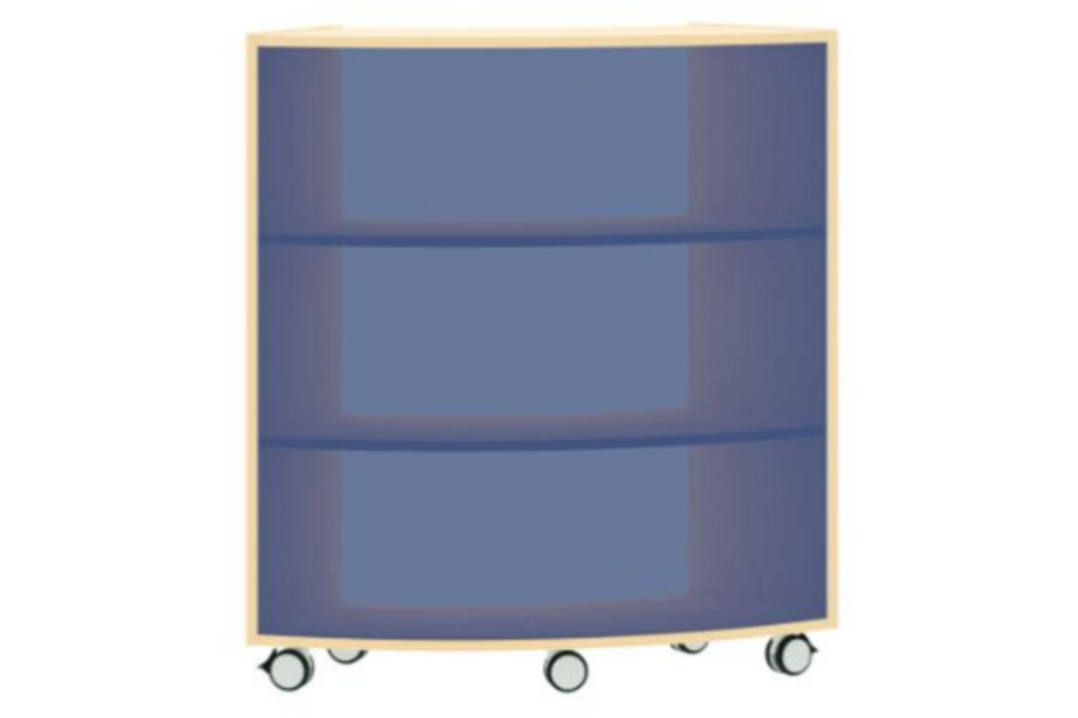 Boogkast op 5 wielen, acryl achterwand blauw aan de buitenkant 60°, ahorn