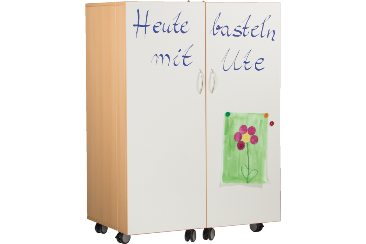Klapkast Uni ahorn verrijdbaar, deuren whitebord, 105 x 68 x 146 cm