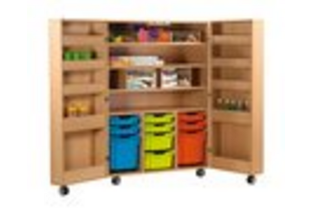 Klapkast Uni ahorn verrijdbaar, deuren whitebord, 105 x 68 x 146 cm