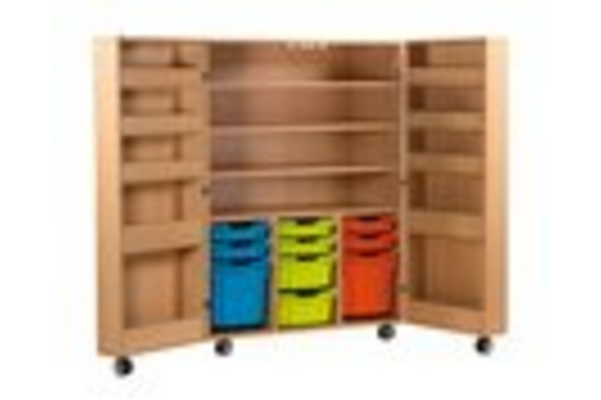 Klapkast Uni ahorn verrijdbaar, deuren whitebord, 105 x 68 x 146 cm