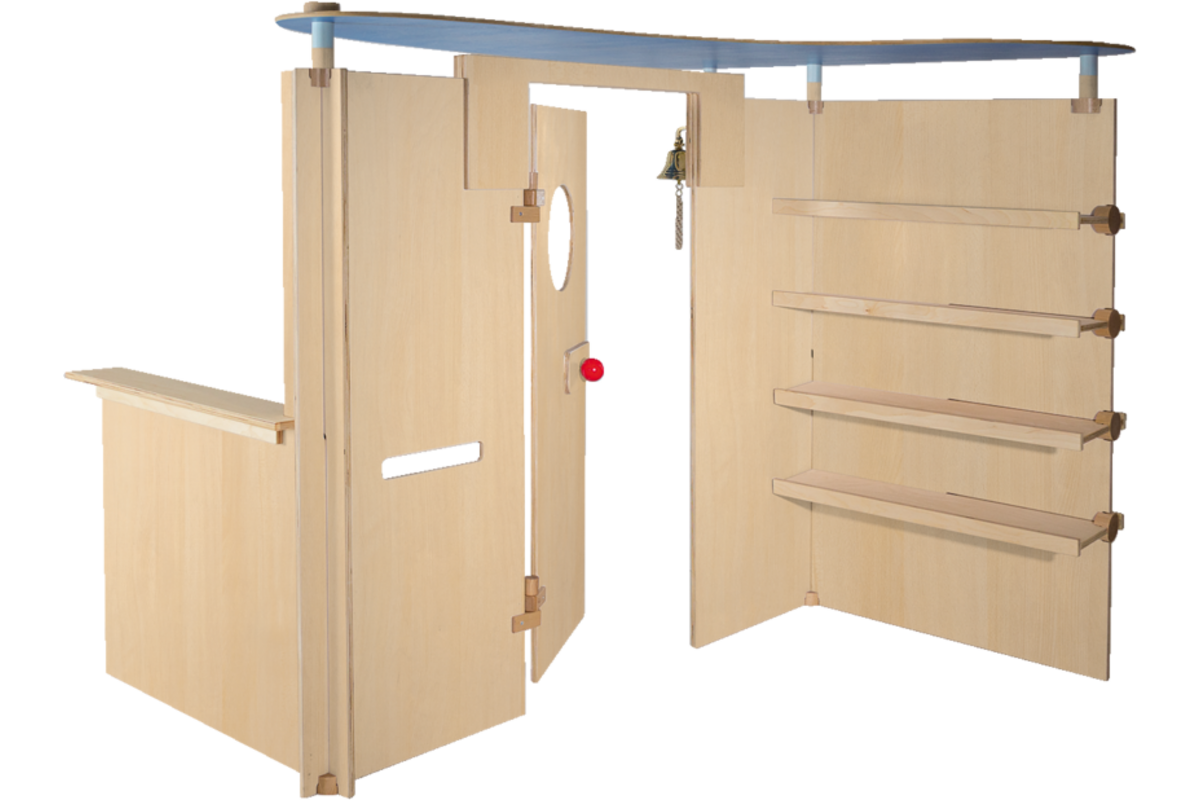 Speelwand Klax met deur, balie+legplanken, natuurkleur, zonder dak (inclusief montage)