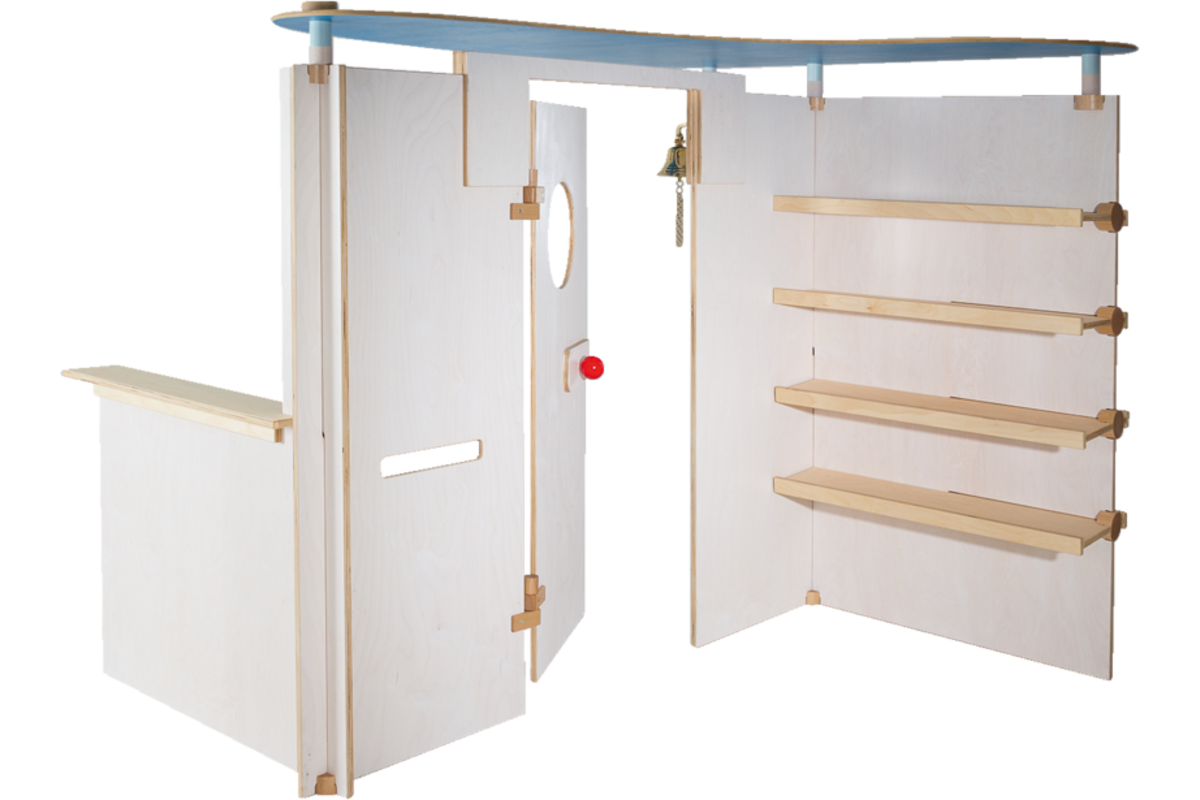 Speelwand Klax met deur, balie en legplanken, zonder dak, wit gebeitst, (inclusief montage)