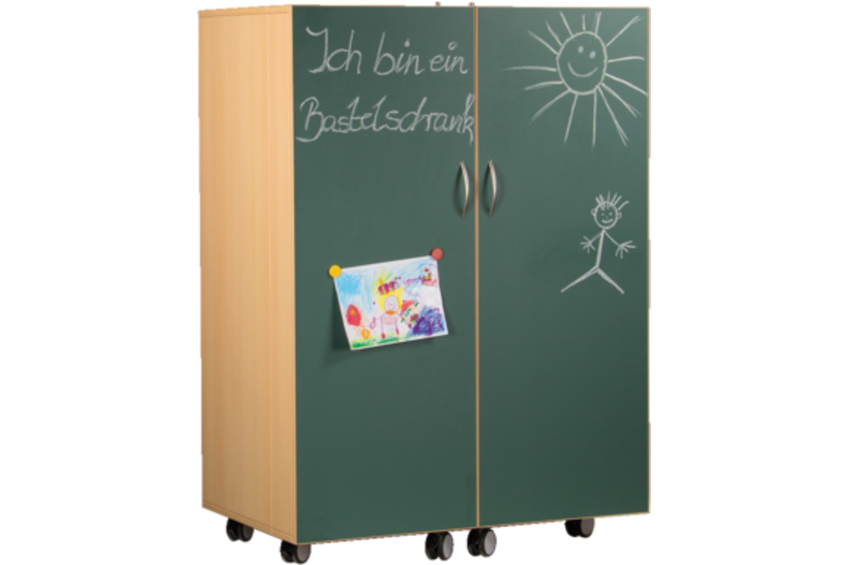 Klapkast Crea beuken verrijdbaar,  deuren krijtbord, 105 x 65 x 146 cm