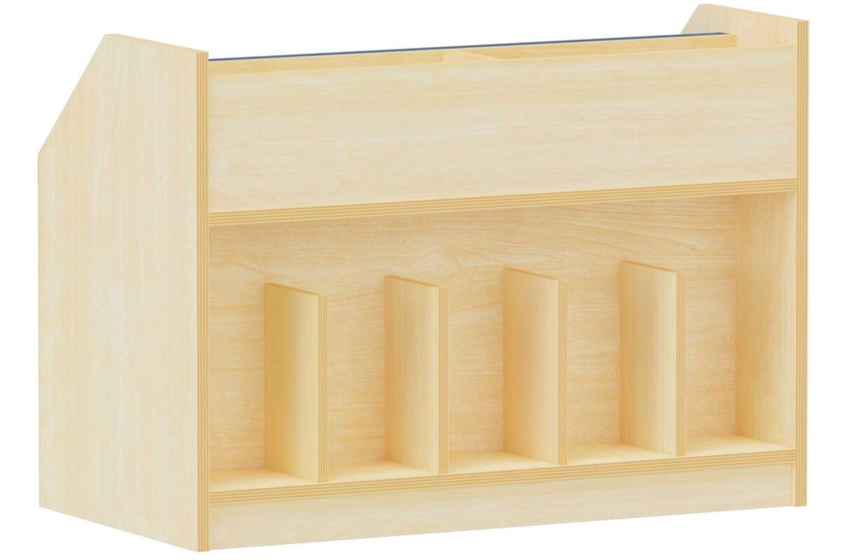 Boekenkast-en-bankje-in-één Ahorn, zithoogte 34 cm, kussens blauw