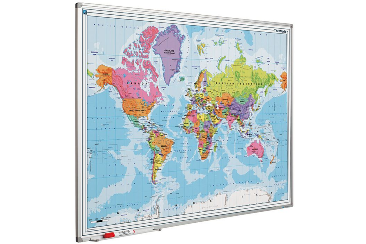 Landkaart bord Softline profiel 8mm, Wereld, 90x120 cm