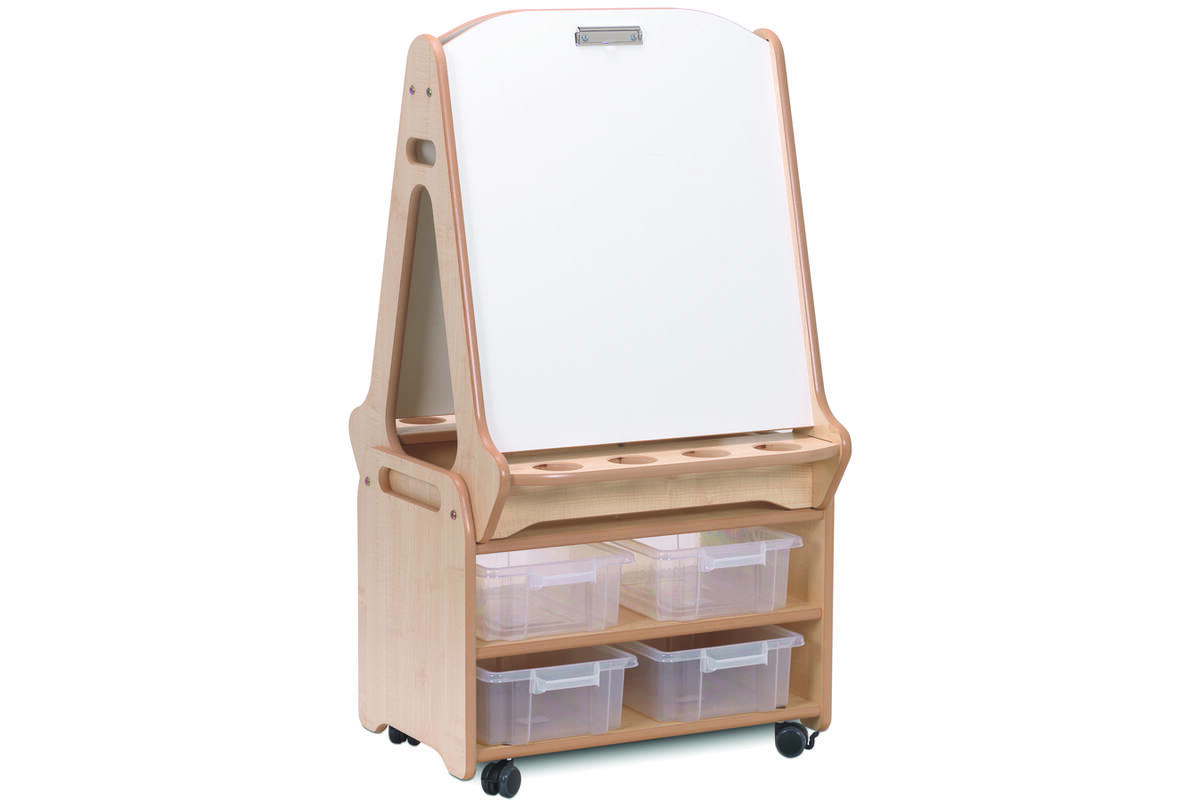 Ezel met dubbelzijdige whiteboard op hoge opbergtrolley, PT562