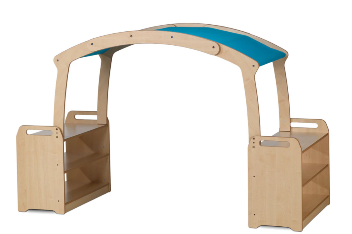 Speelplek met dak blauw en 2 opbergkasten, afm. 140x225×90cm PT578